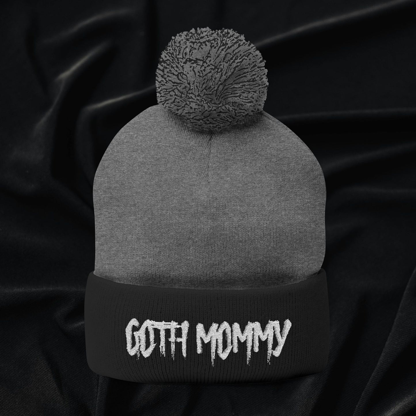 Goth Mommy Pom-Pom Knit Beanie (Embroidered)