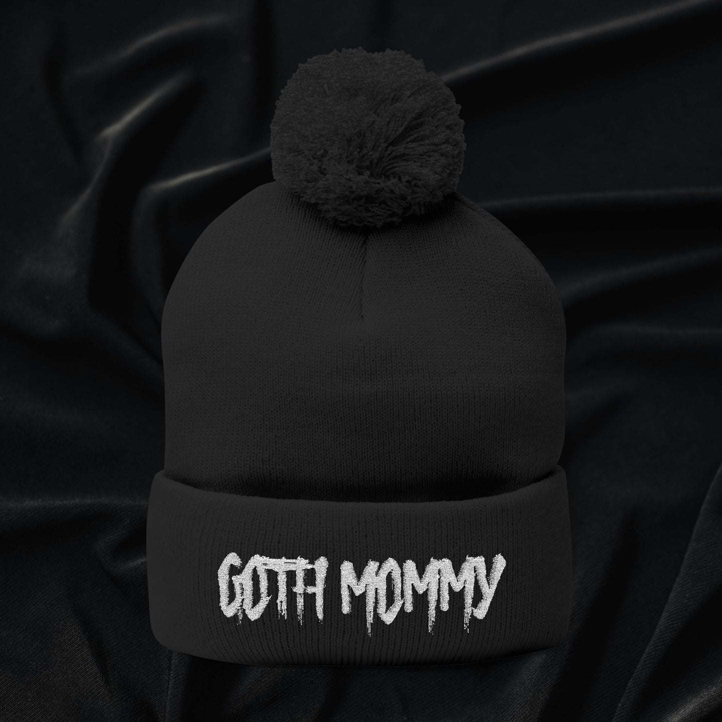 Goth Mommy Pom-Pom Knit Beanie (Embroidered)